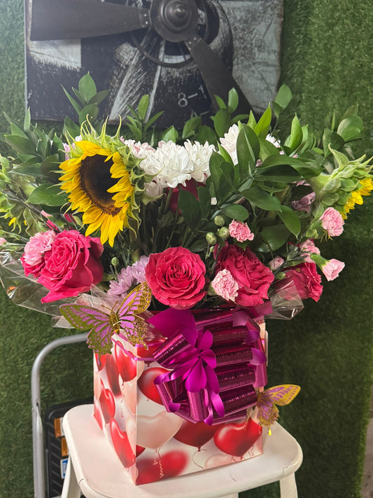 Mini Carnation Roses, Daisies & Sunflowers in Ruscus with Butterflies – Boxed Arrangement