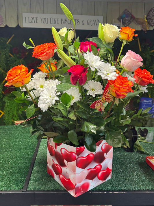 Multicolor Long-Stem Roses, White Lilies & Daisies – Radiant Floral Bouquet
