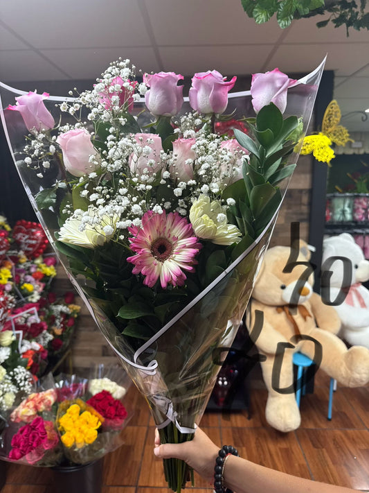 Long-Stem Purple Roses, White & Pink Gerberas, and Baby’s Breath – Graceful Bloom Bouquet