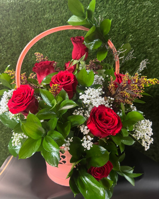 Pink Basket with Red Roses, Baby’s Breath, Pneumonia Flowers & Ruscus – Romantic Garden Arrangement