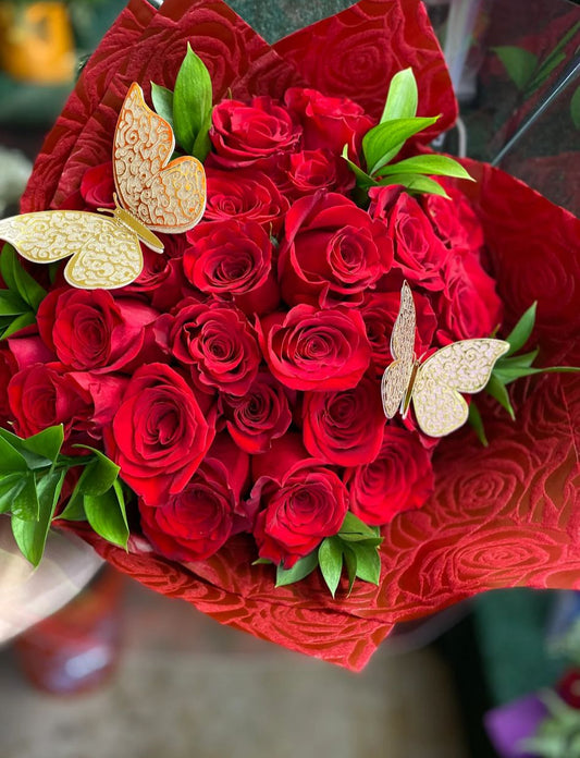 Red Roses with green leaf and Butter Butterflies –  Bouquet